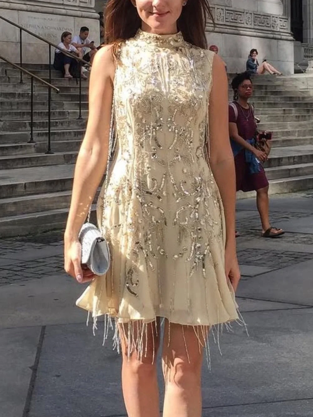 ASOS Cream Mini Dress with Gold Sequin Bead Embroidery Sz 4 - Picture 2 of 14